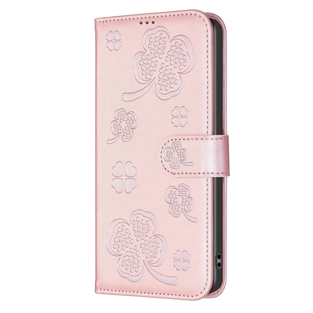 For Redmi Note 17 4G Global 171mm Four-leaf Embossed Leather Phone Case(Pink)
