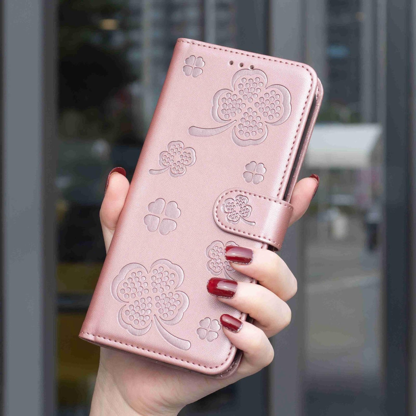 For Redmi Note 17 4G Global 171mm Four-leaf Embossed Leather Phone Case(Pink)