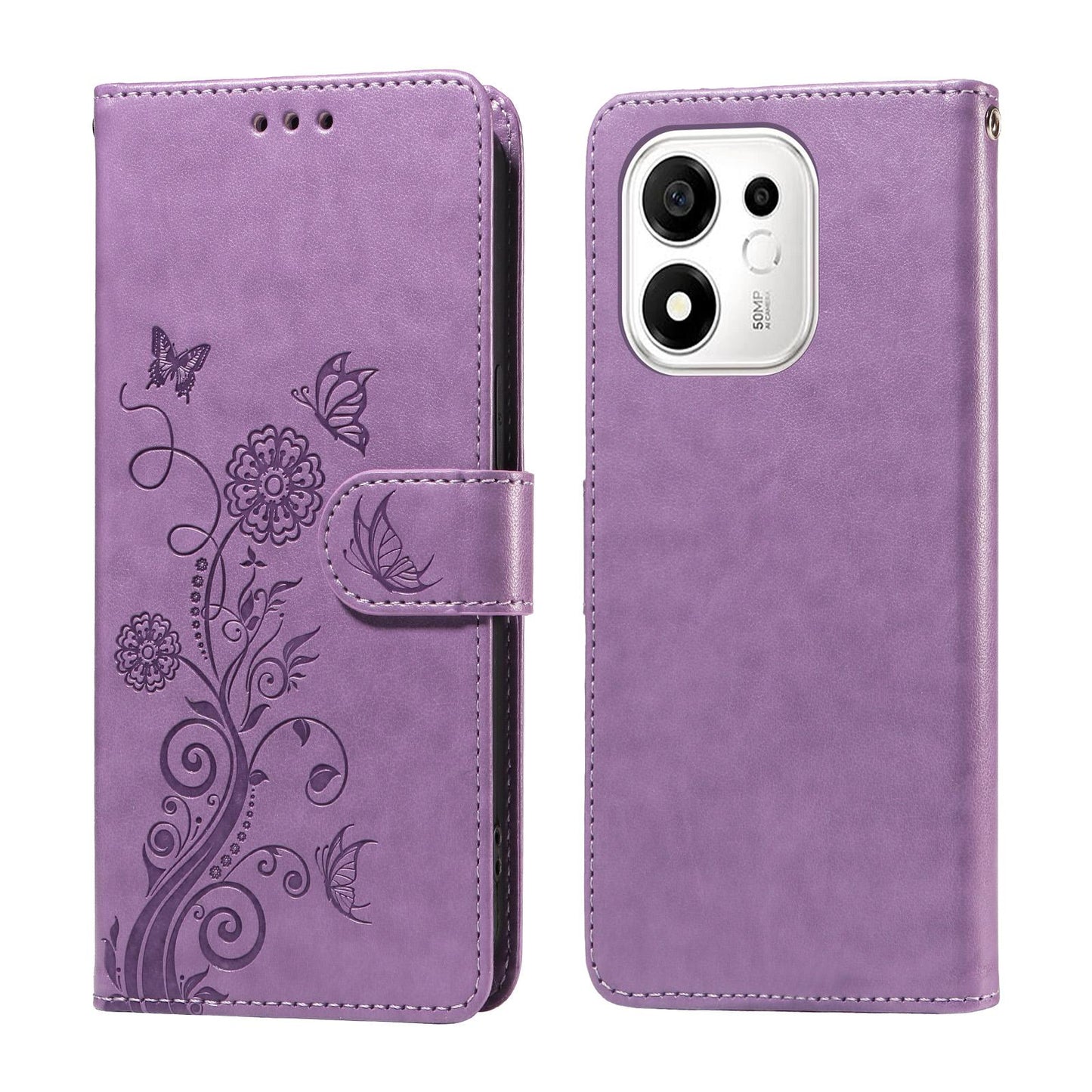 For Honor 600 Smart 5G Embossed Butterfly Flowers Leather Phone Case(Purple)