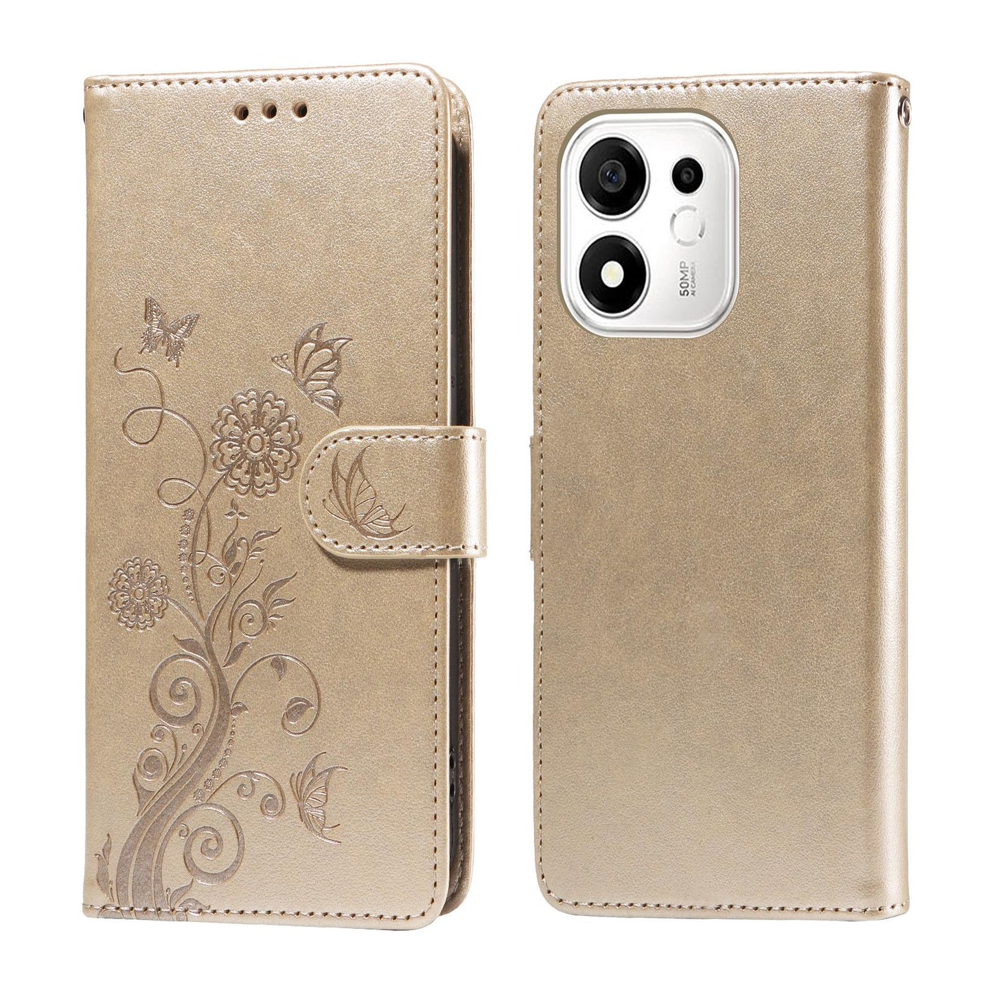 For Honor 600 Smart 5G Embossed Butterfly Flowers Leather Phone Case(Gold)