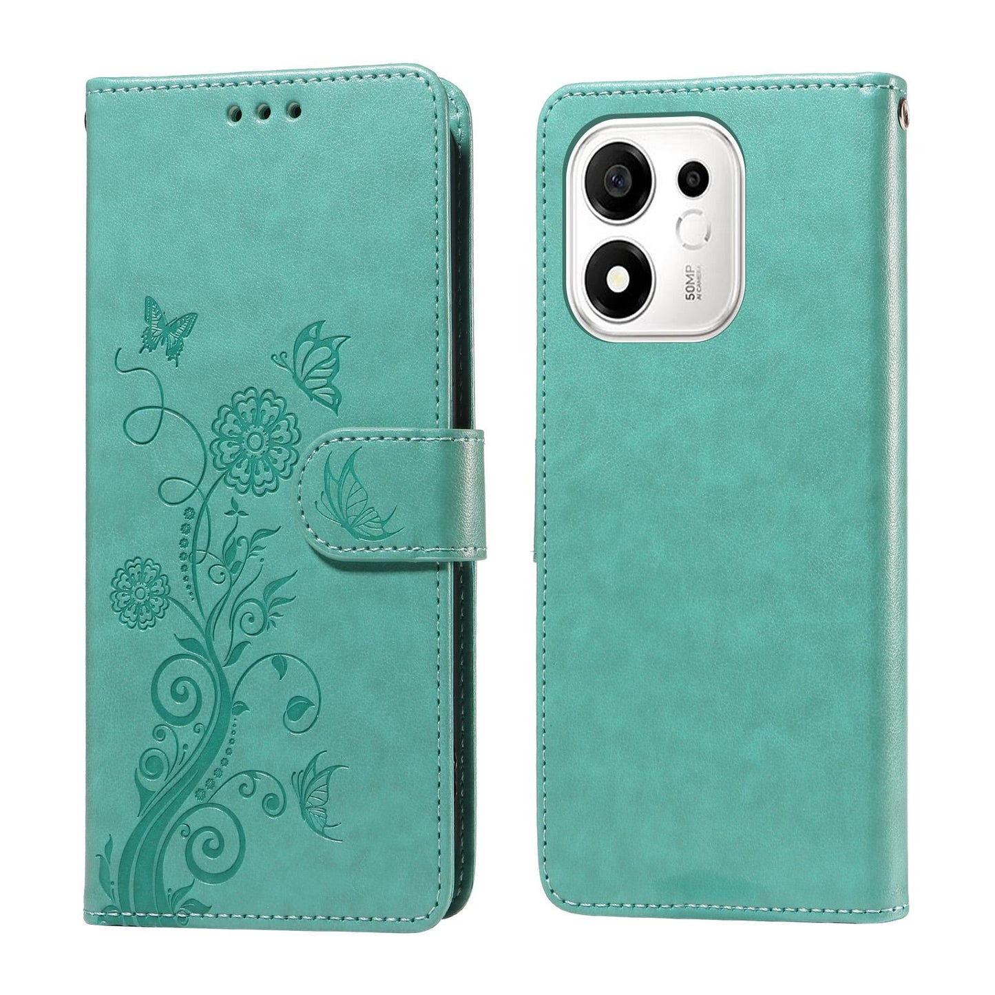 For Honor 600 Smart 5G Embossed Butterfly Flowers Leather Phone Case(Green)