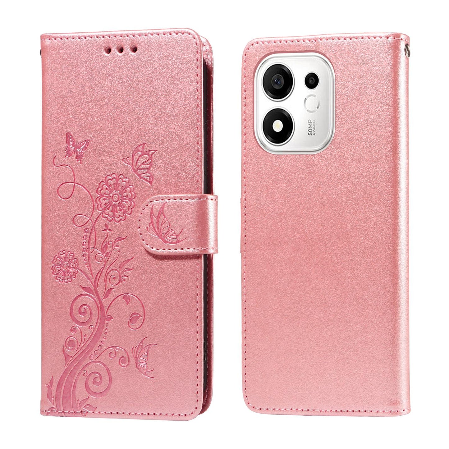 For Honor 600 Smart 5G Embossed Butterfly Flowers Leather Phone Case(Rose Gold)