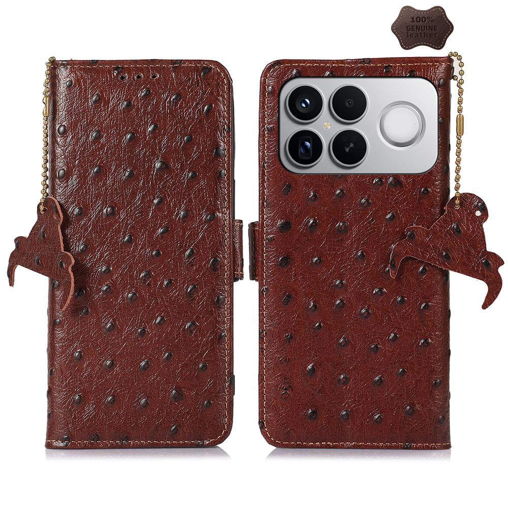 For Redmi K90 Pro Max/Poco F8 Ultra Ostrich Pattern Genuine Leather RFID Phone Case(Coffee)