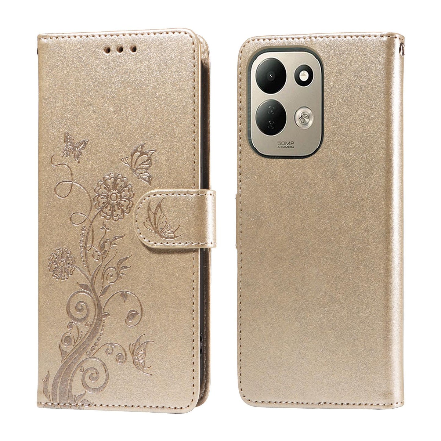 For Redmi 17 5G / 4G Global 170mm Embossed Butterfly Flowers Leather Phone Case(Gold)
