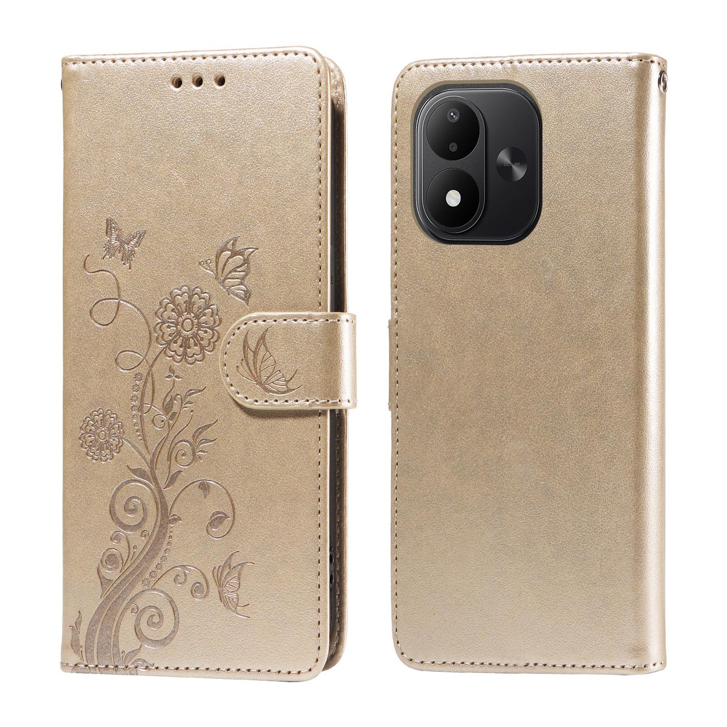 For Redmi Note 17 5G / 4G Global 171mm Embossed Butterfly Flowers Leather Phone Case(Gold)
