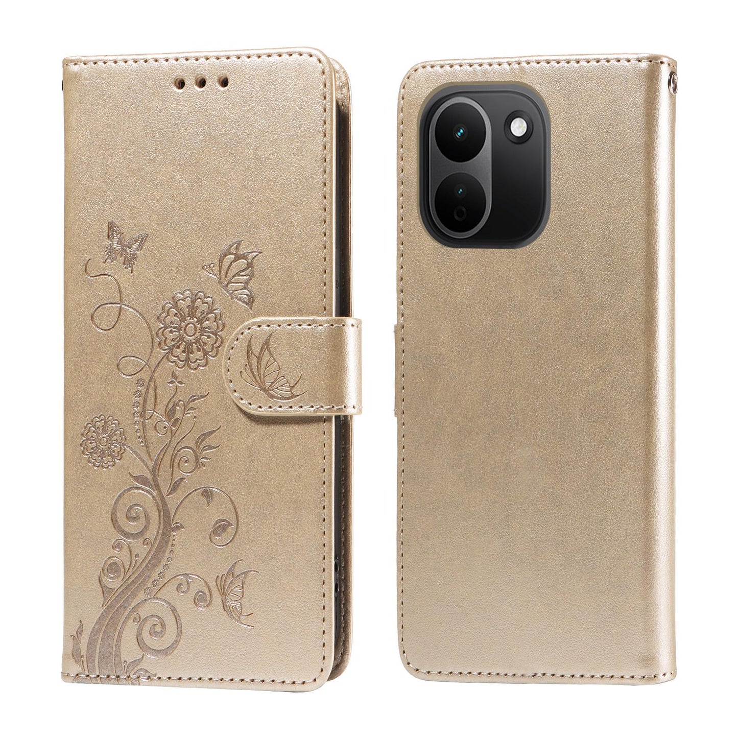 For Redmi Note 17 Pro+ 5G Global 163mm Embossed Butterfly Flowers Leather Phone Case(Gold)