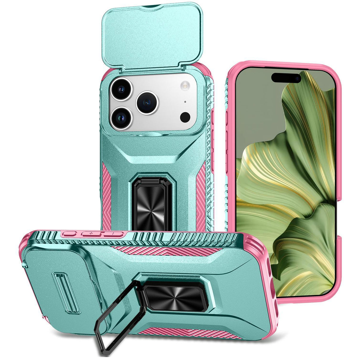 For iPhone 18 Pro Max Sliding Camshield Holder Phone Case - Pink + Grey Green - EDA007085313B