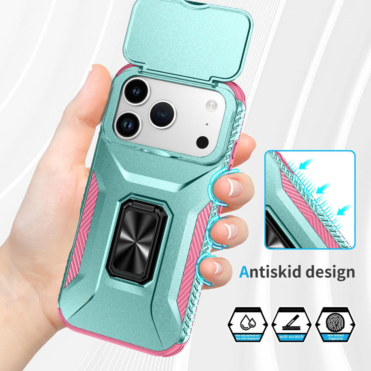 For iPhone 18 Pro Max Sliding Camshield Holder Phone Case - Pink + Grey Green - EDA007085313B