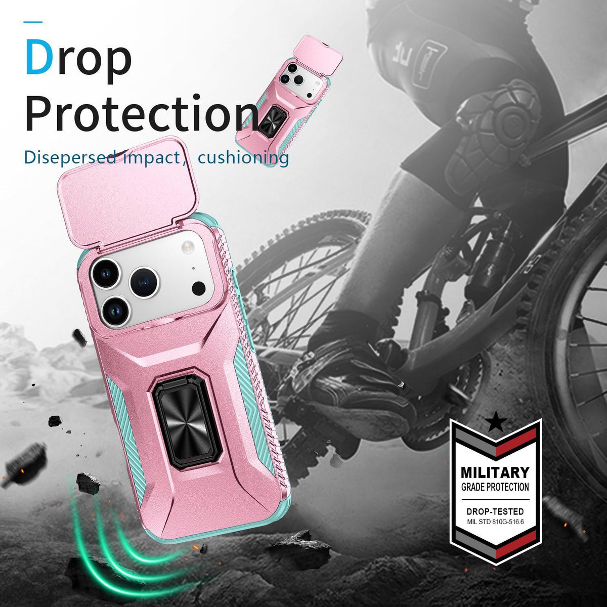 For iPhone 18 Pro Max Sliding Camshield Holder Phone Case - Grey Green + Pink - EDA007085313F