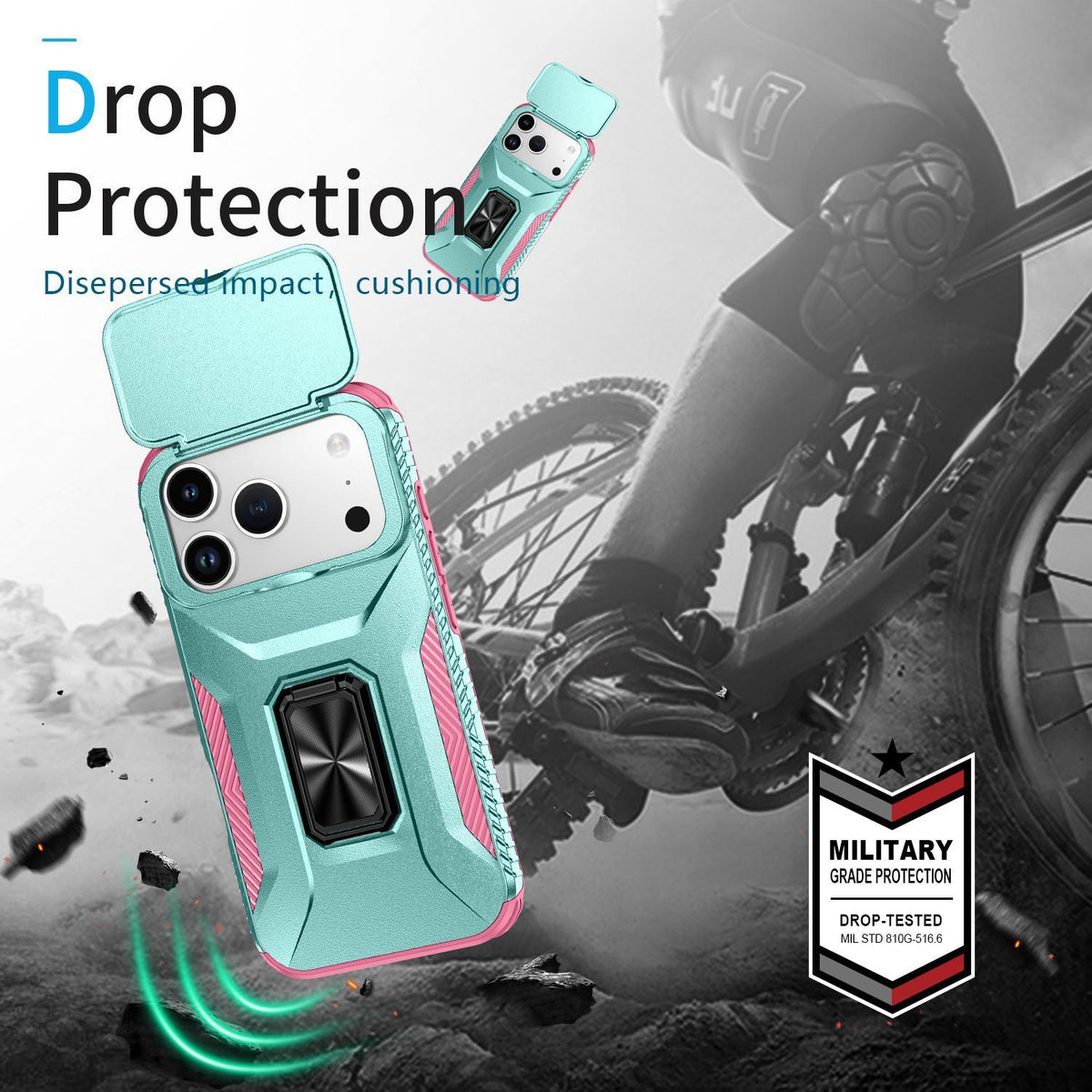 For iPhone 18 Pro Sliding Camshield Holder Phone Case - Pink + Grey Green - EDA007085314B