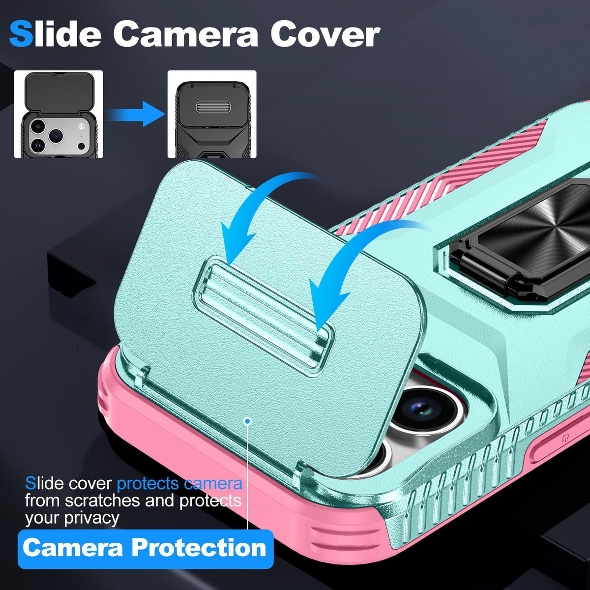 For iPhone 18 Pro Sliding Camshield Holder Phone Case - Pink + Grey Green - EDA007085314B