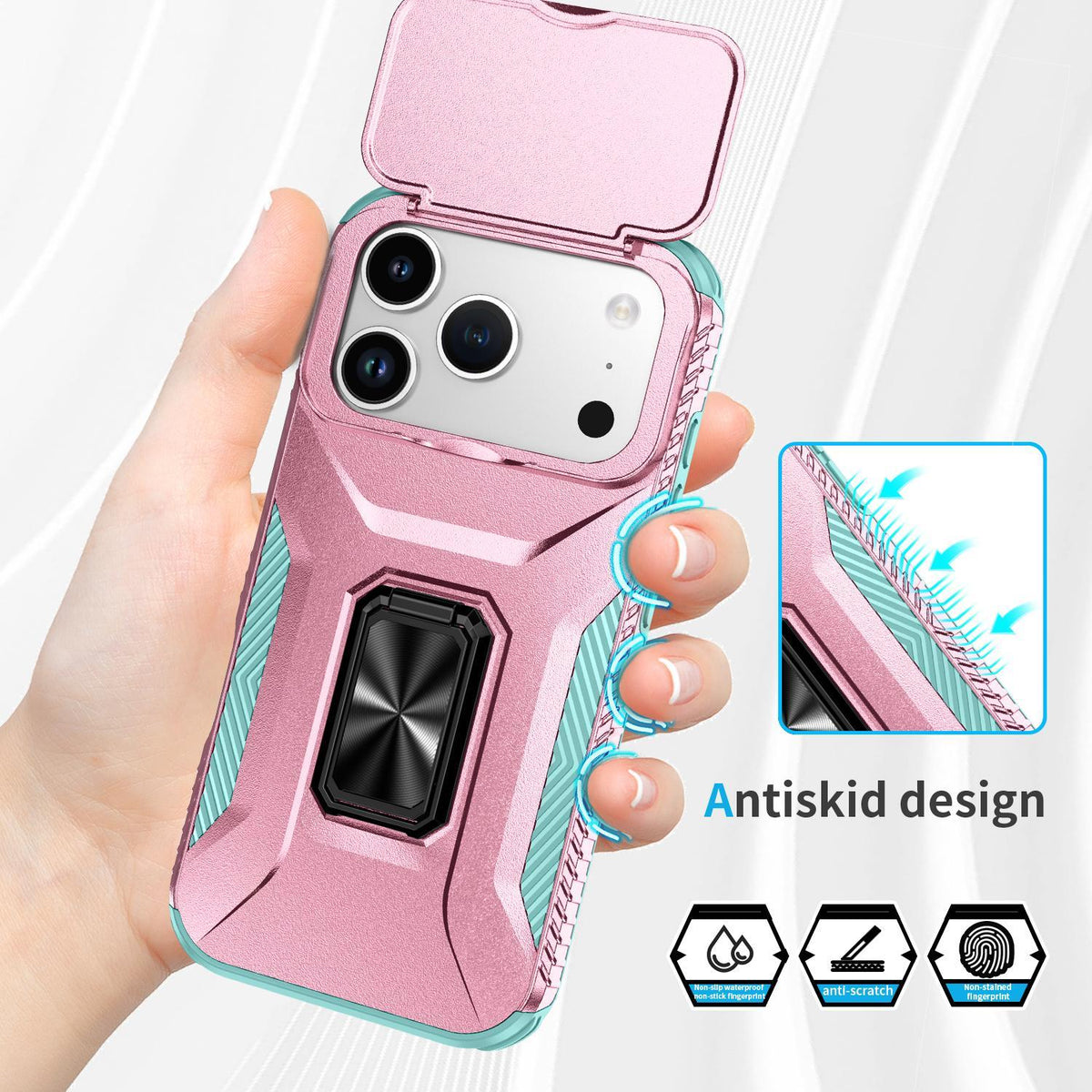 For iPhone 18 Pro Sliding Camshield Holder Phone Case - Grey Green + Pink - EDA007085314F