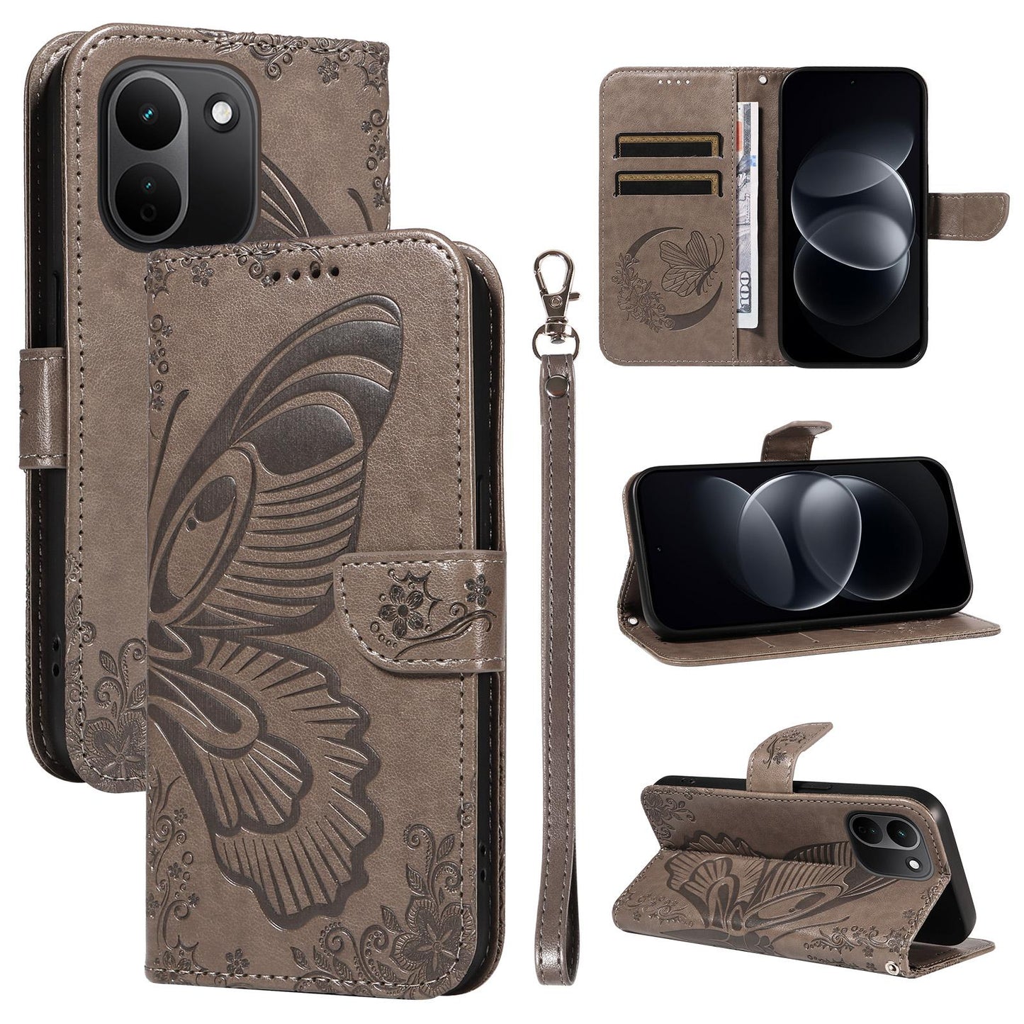 For Redmi Note 17 Pro+ 5G Global 163mm Swallowtail Butterfly Embossed Leather Phone Case(Grey)