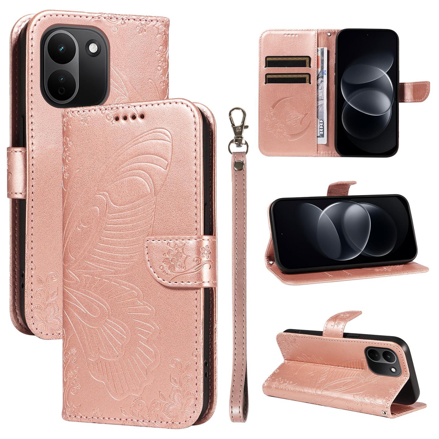 For Redmi Note 17 Pro+ 5G Global 163mm Swallowtail Butterfly Embossed Leather Phone Case(Rose Gold)
