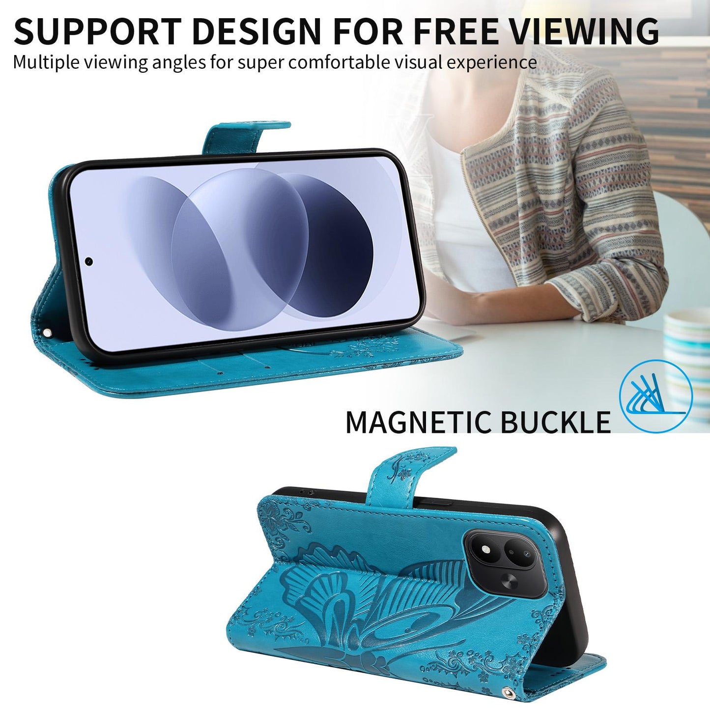 For Redmi Note 17 5G/4G Global 171mm Swallowtail Butterfly Embossed Leather Phone Case(Blue)