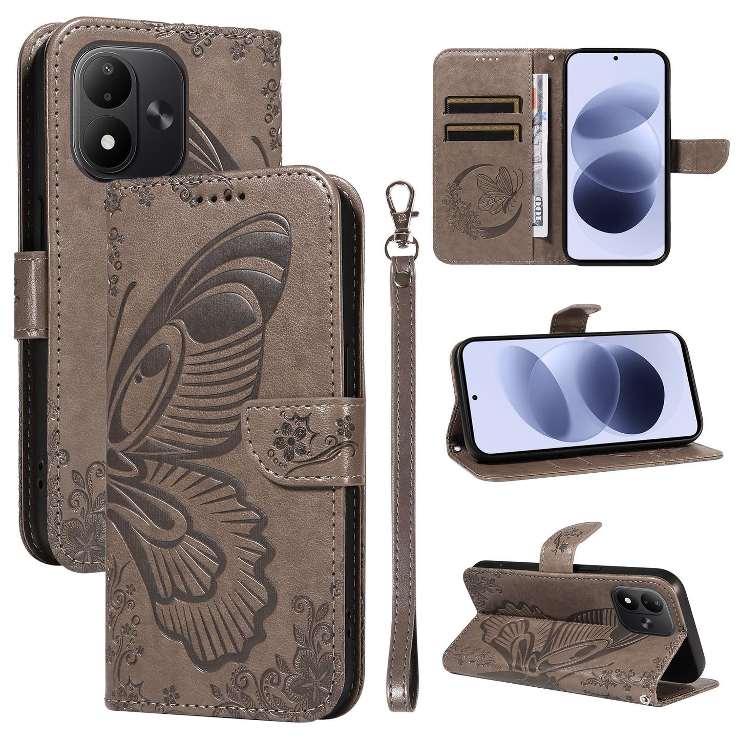 For Redmi Note 17 5G/4G Global 171mm Swallowtail Butterfly Embossed Leather Phone Case(Grey)