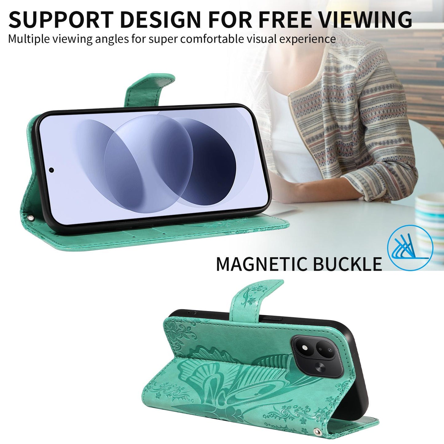 For Redmi Note 17 5G/4G Global 171mm Swallowtail Butterfly Embossed Leather Phone Case(Green)