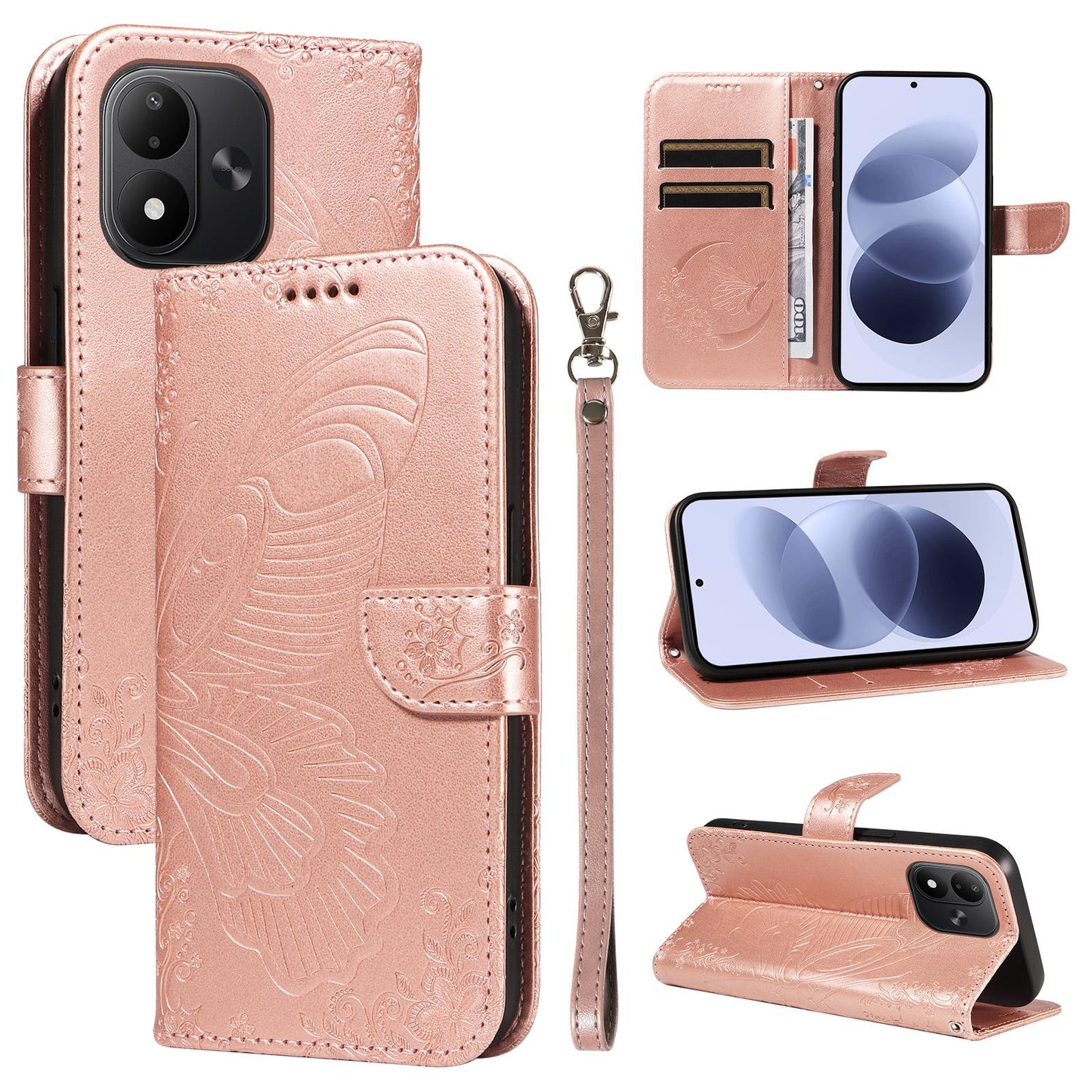 For Redmi Note 17 5G/4G Global 171mm Swallowtail Butterfly Embossed Leather Phone Case(Rose Gold)
