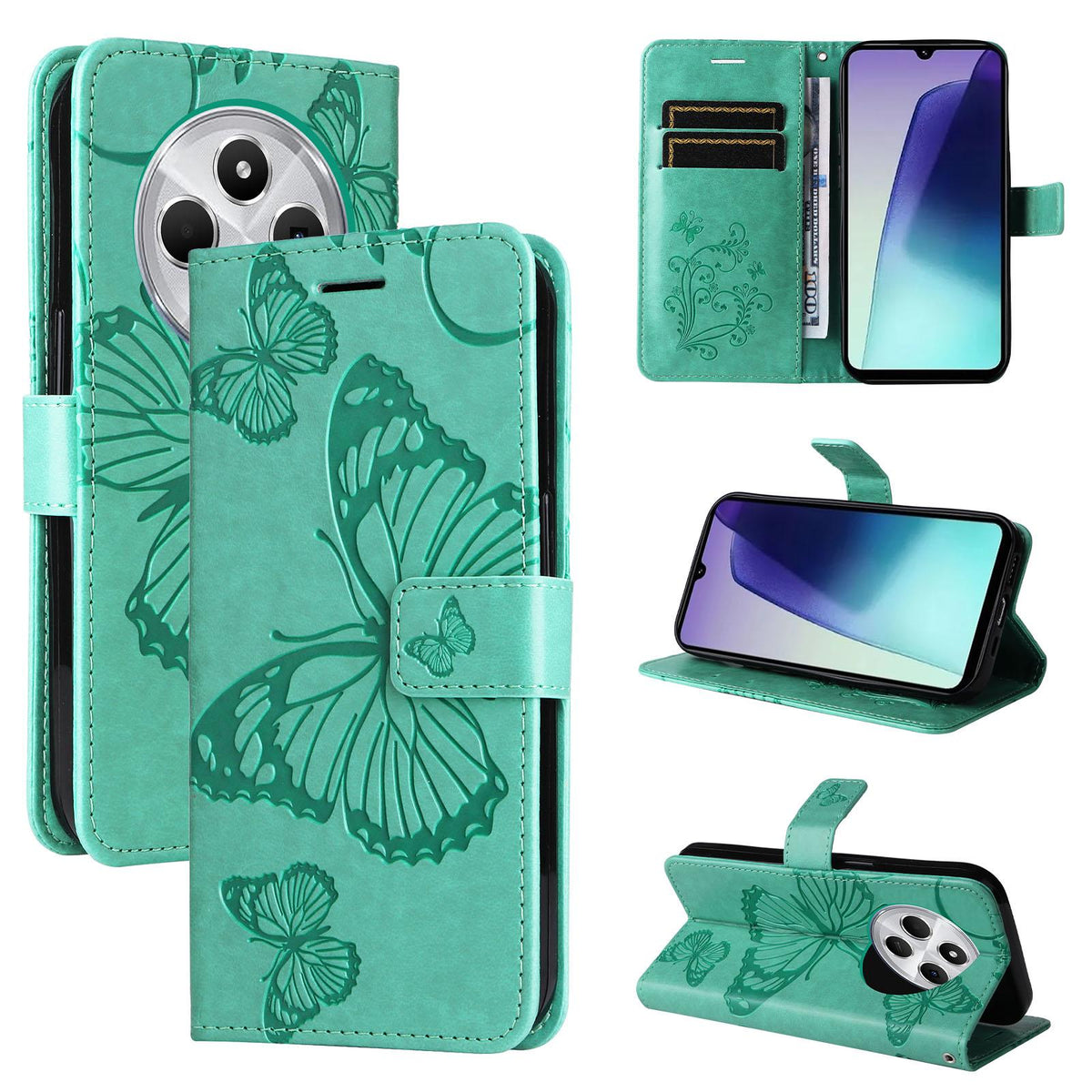 For Redmi 17C/14C 4G/A4 5G/Poco C75 5G 3D Butterfly Embossed Pattern Flip Leather Phone Case - Green - EDA007110904A
