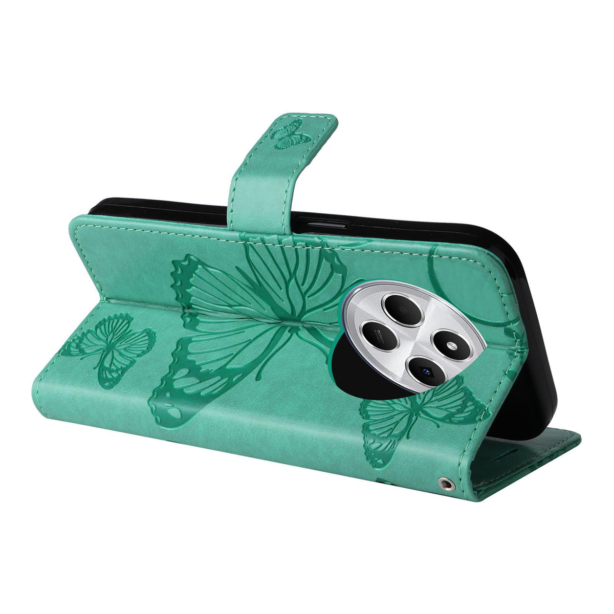 For Redmi 17C/14C 4G/A4 5G/Poco C75 5G 3D Butterfly Embossed Pattern Flip Leather Phone Case - Green - EDA007110904A