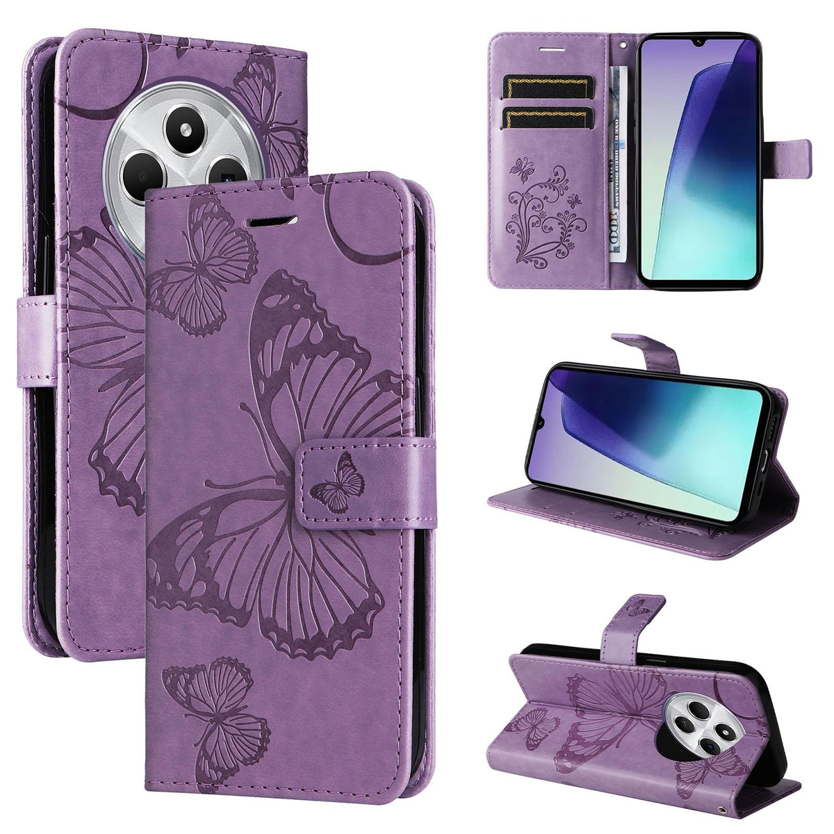 For Redmi 17C/14C 4G/A4 5G/Poco C75 5G 3D Butterfly Embossed Pattern Flip Leather Phone Case - Purple - EDA007110904B