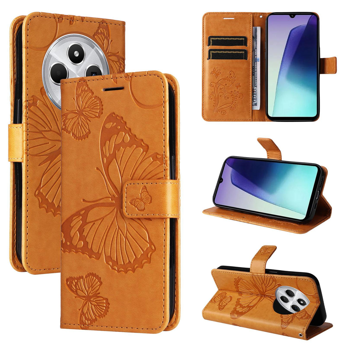 For Redmi 17C/14C 4G/A4 5G/Poco C75 5G 3D Butterfly Embossed Pattern Flip Leather Phone Case - Yellow - EDA007110904D