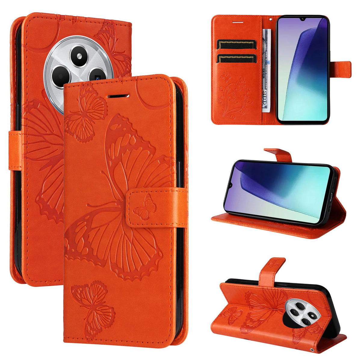 For Redmi 17C/14C 4G/A4 5G/Poco C75 5G 3D Butterfly Embossed Pattern Flip Leather Phone Case - Orange - EDA007110904E