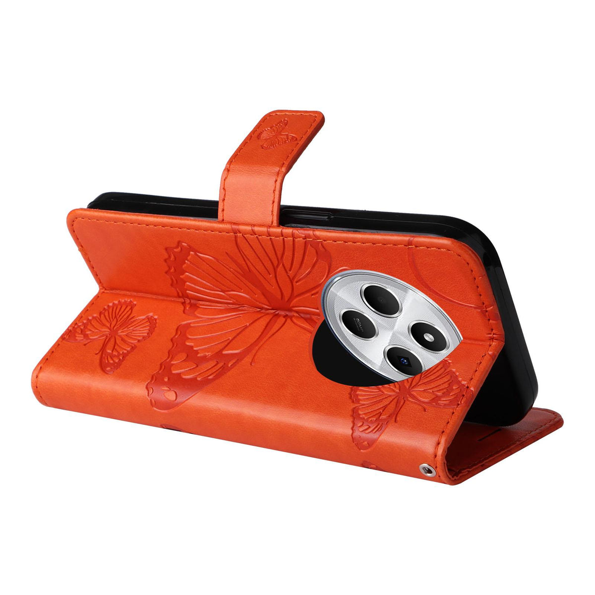 For Redmi 17C/14C 4G/A4 5G/Poco C75 5G 3D Butterfly Embossed Pattern Flip Leather Phone Case - Orange - EDA007110904E