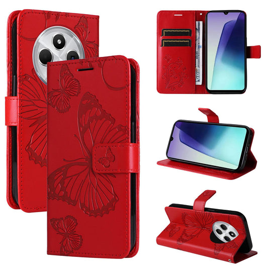 For Redmi 17C/14C 4G/A4 5G/Poco C75 5G 3D Butterfly Embossed Pattern Flip Leather Phone Case - Red - EDA007110904F