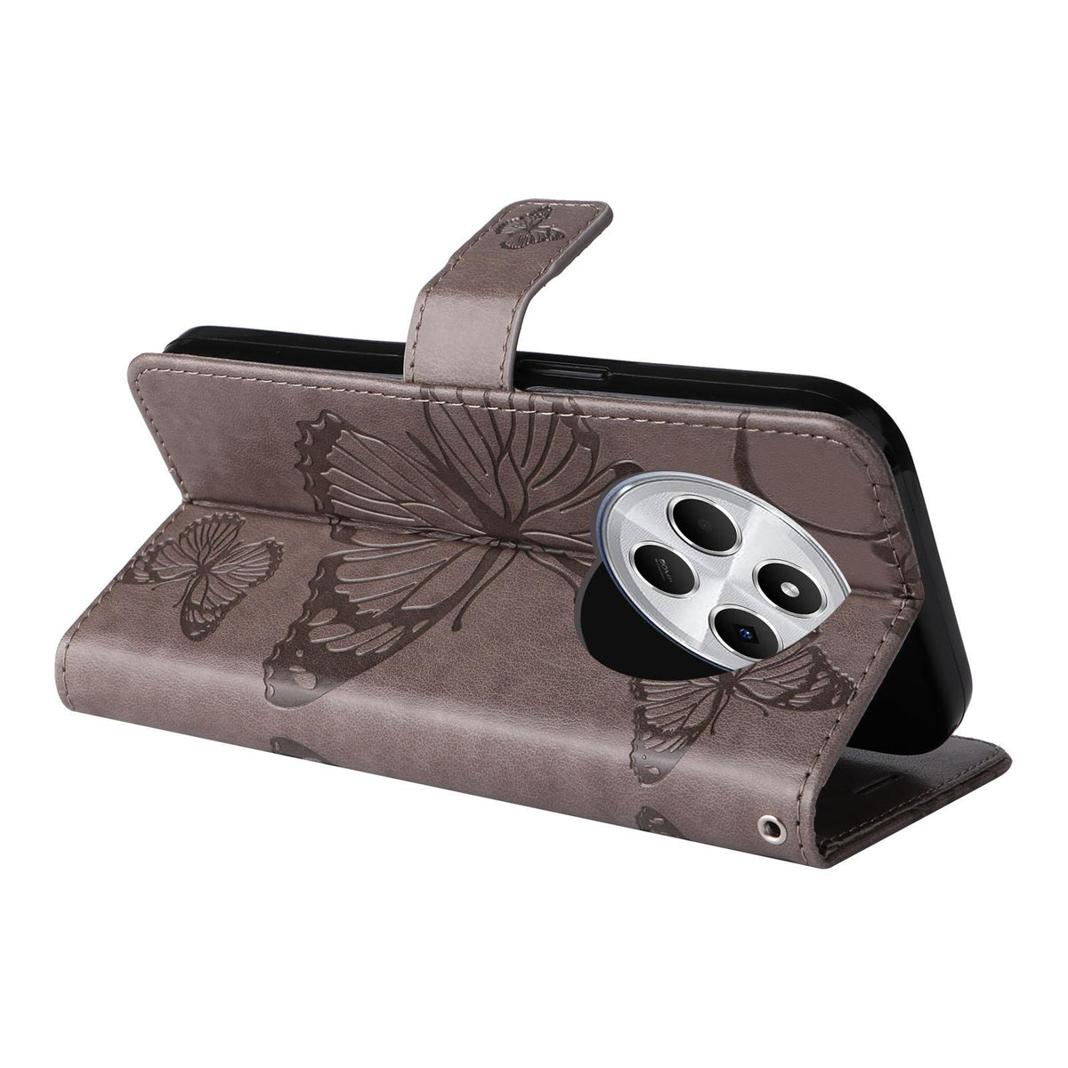 For Redmi 17C/14C 4G/A4 5G/Poco C75 5G 3D Butterfly Embossed Pattern Flip Leather Phone Case - Grey - EDA007110904G