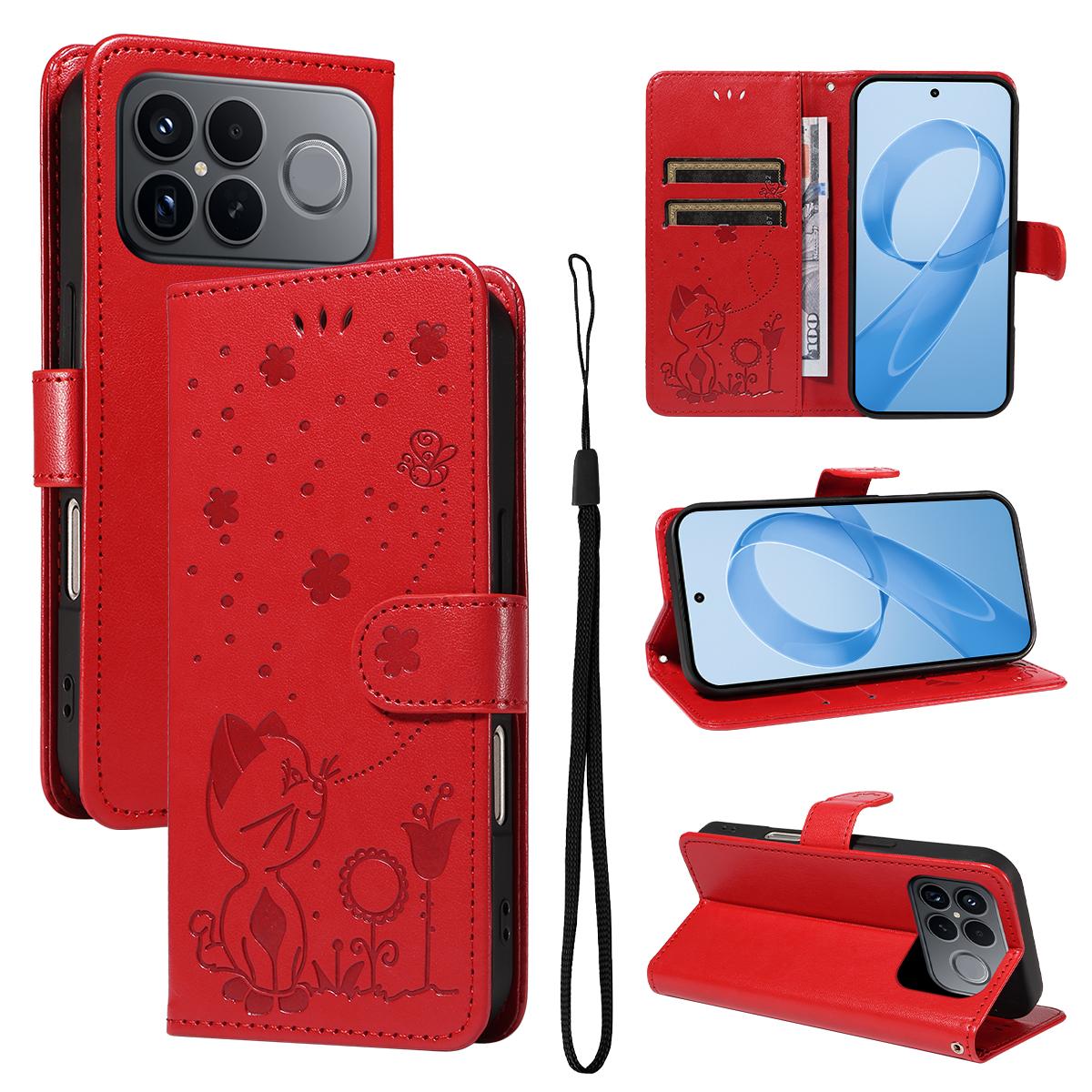 For Redmi K90 Pro Max / Poco F8 Ultra Cat and Bee Embossed Flip Leather Phone Case(Red)