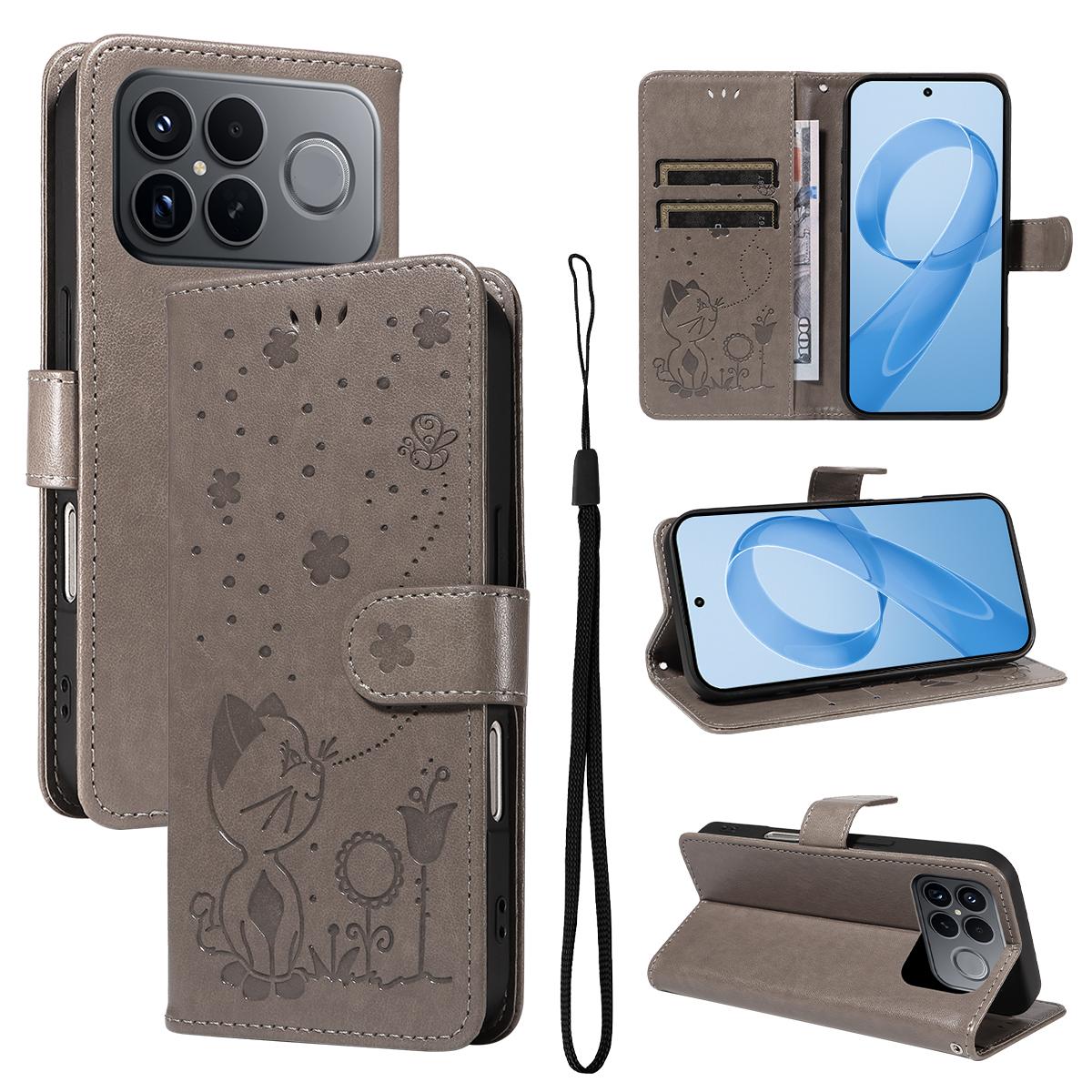 For Redmi K90 Pro Max / Poco F8 Ultra Cat and Bee Embossed Flip Leather Phone Case(Grey)