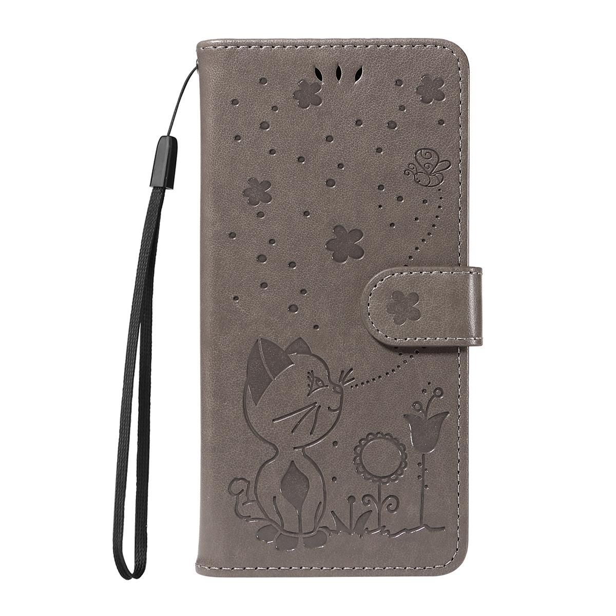 For Redmi K90 Pro Max / Poco F8 Ultra Cat and Bee Embossed Flip Leather Phone Case(Grey)