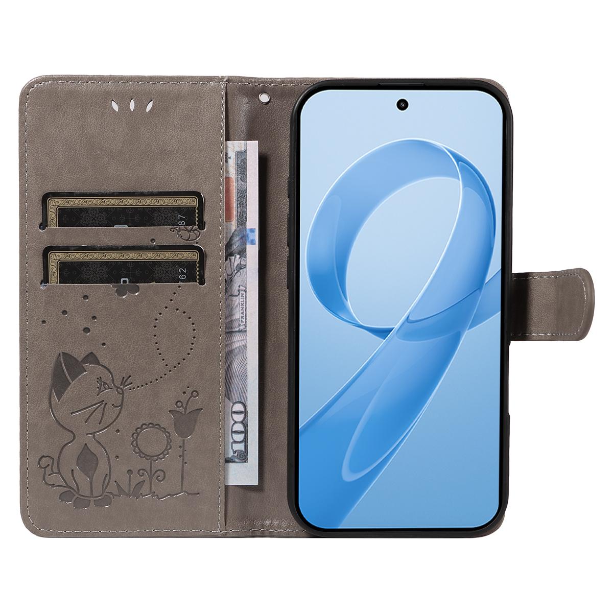 For Redmi K90 Pro Max / Poco F8 Ultra Cat and Bee Embossed Flip Leather Phone Case(Grey)