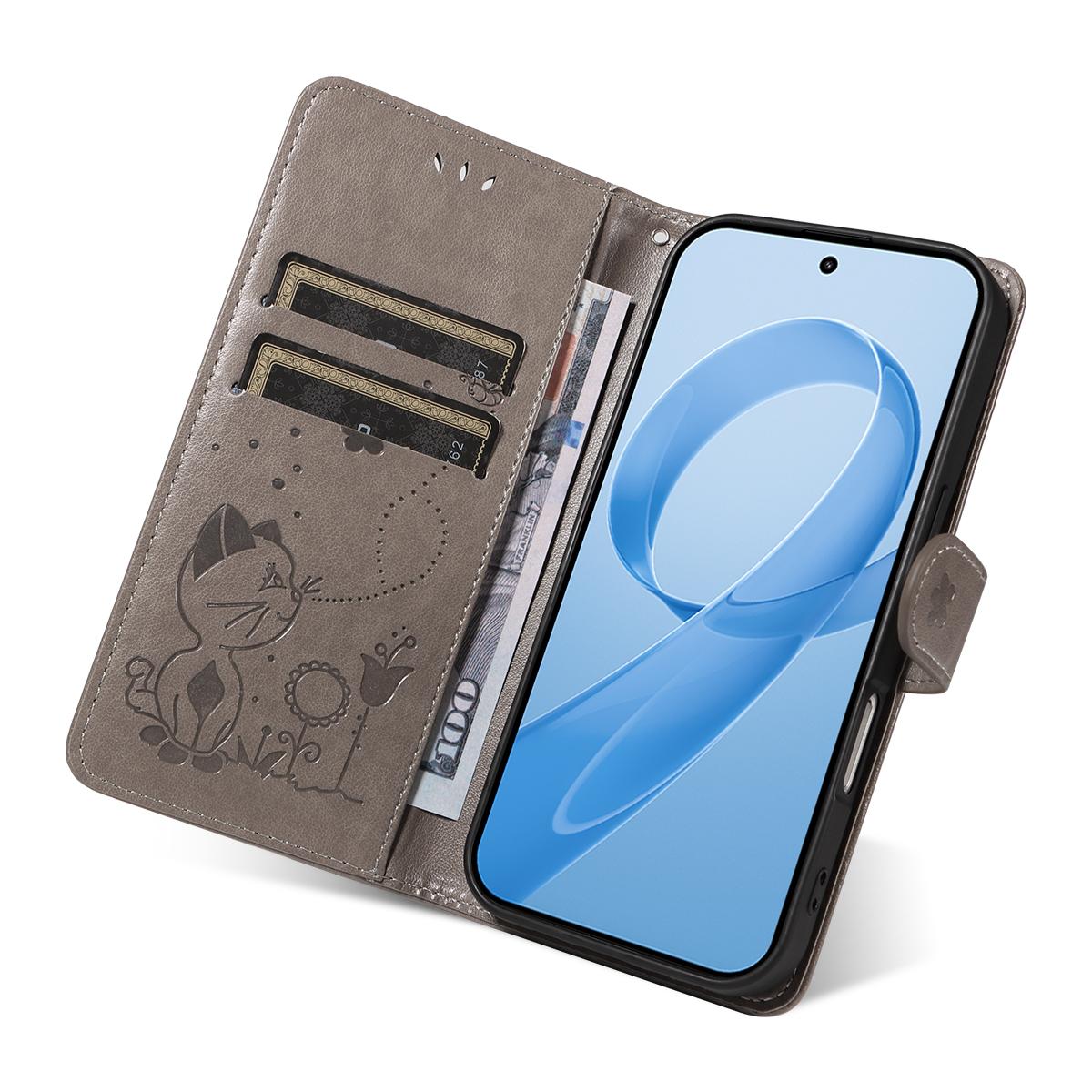 For Redmi K90 Pro Max / Poco F8 Ultra Cat and Bee Embossed Flip Leather Phone Case(Grey)