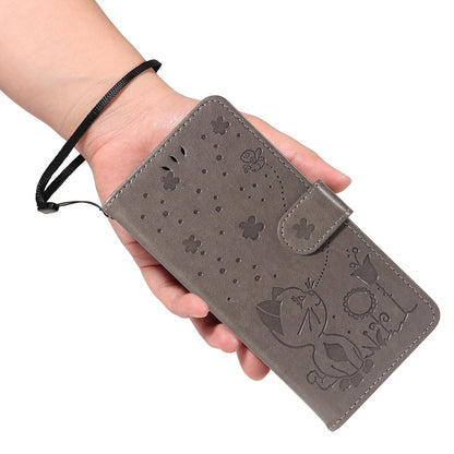 For Redmi K90 Pro Max / Poco F8 Ultra Cat and Bee Embossed Flip Leather Phone Case(Grey)