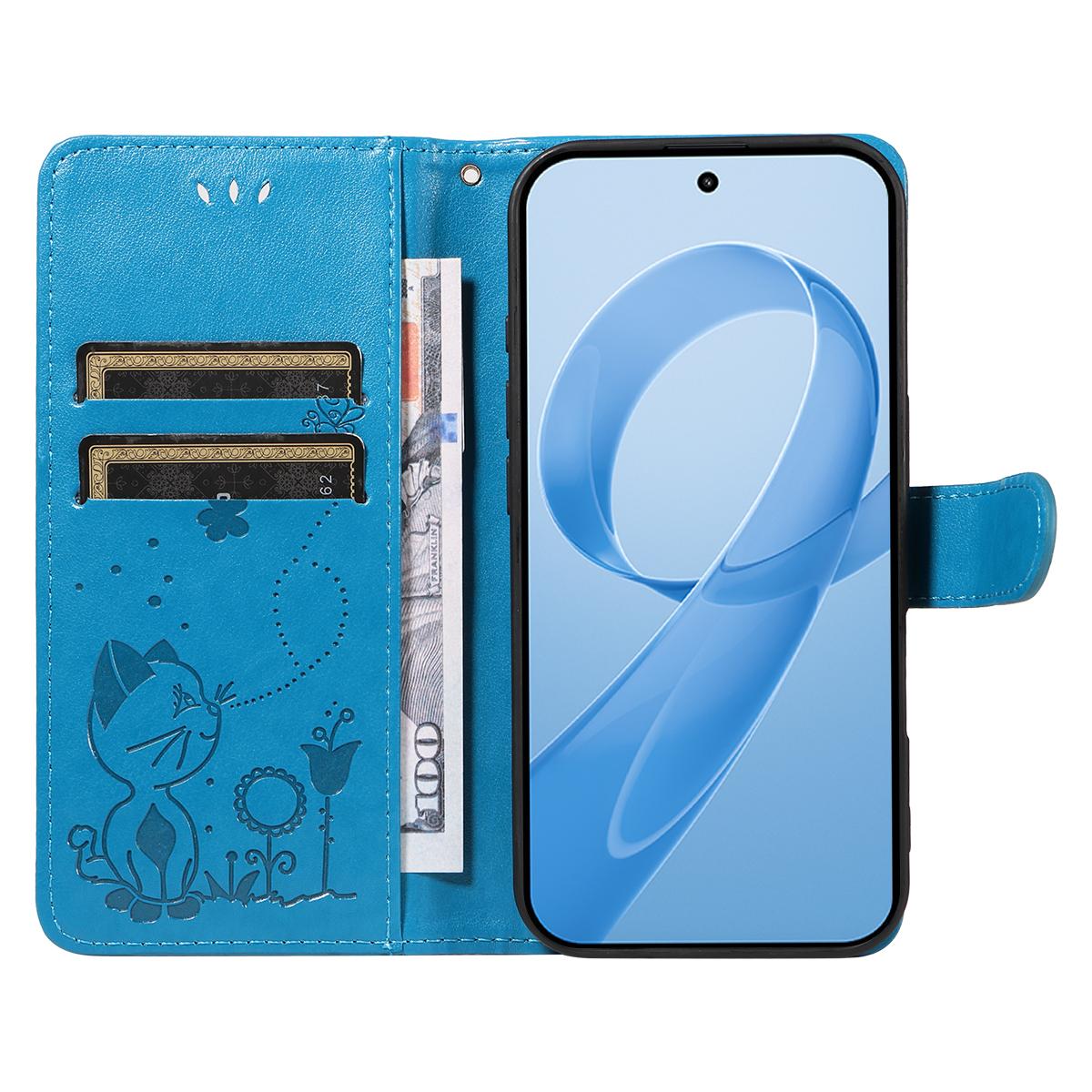 For Redmi K90 Pro Max / Poco F8 Ultra Cat and Bee Embossed Flip Leather Phone Case(Blue)