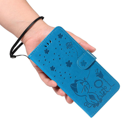 For Redmi K90 Pro Max / Poco F8 Ultra Cat and Bee Embossed Flip Leather Phone Case(Blue)