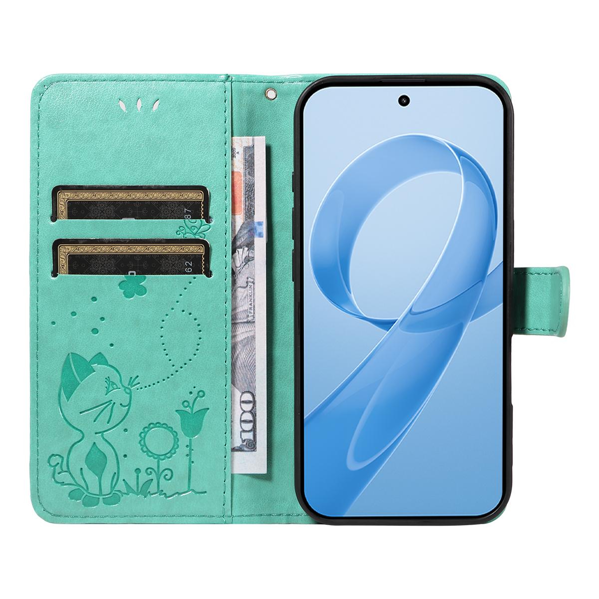 For Redmi K90 Pro Max / Poco F8 Ultra Cat and Bee Embossed Flip Leather Phone Case(Green)