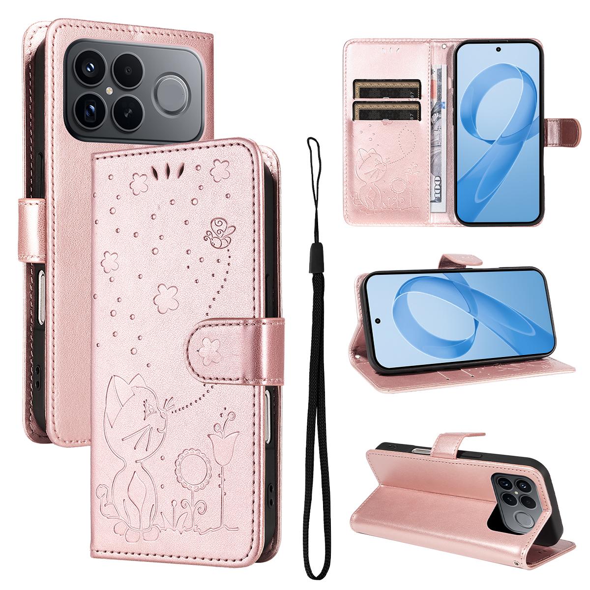 For Redmi K90 Pro Max / Poco F8 Ultra Cat and Bee Embossed Flip Leather Phone Case(Rose Gold)