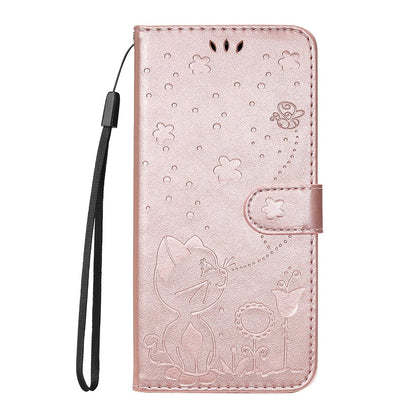 For Redmi K90 Pro Max / Poco F8 Ultra Cat and Bee Embossed Flip Leather Phone Case(Rose Gold)