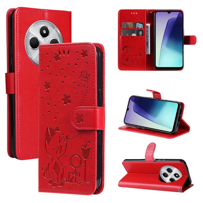 For Redmi 17C/14C 4G/A4 5G/Poco C75 5G Cat and Bee Embossed Flip Leather Phone Case - Red - EDA007111214A