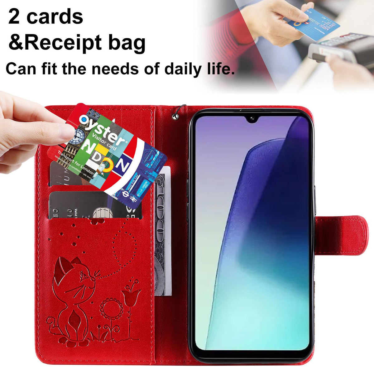 For Redmi 17C/14C 4G/A4 5G/Poco C75 5G Cat and Bee Embossed Flip Leather Phone Case - Red - EDA007111214A