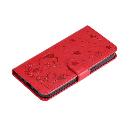 For Redmi 17C/14C 4G/A4 5G/Poco C75 5G Cat and Bee Embossed Flip Leather Phone Case - Red - EDA007111214A