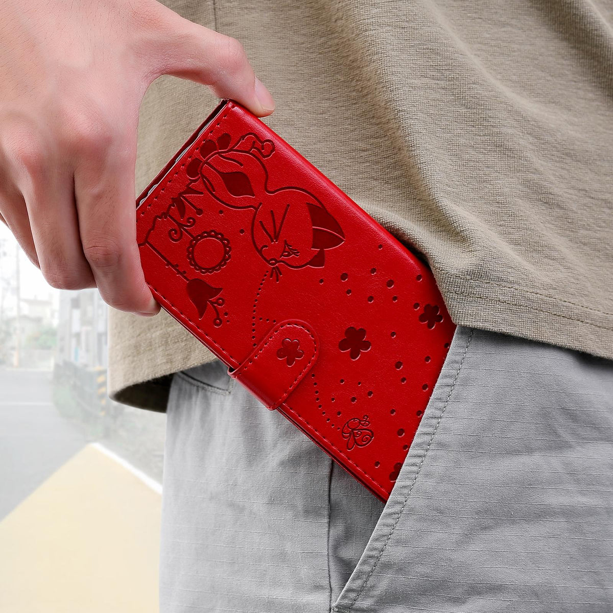 For Redmi 17C/14C 4G/A4 5G/Poco C75 5G Cat and Bee Embossed Flip Leather Phone Case - Red - EDA007111214A