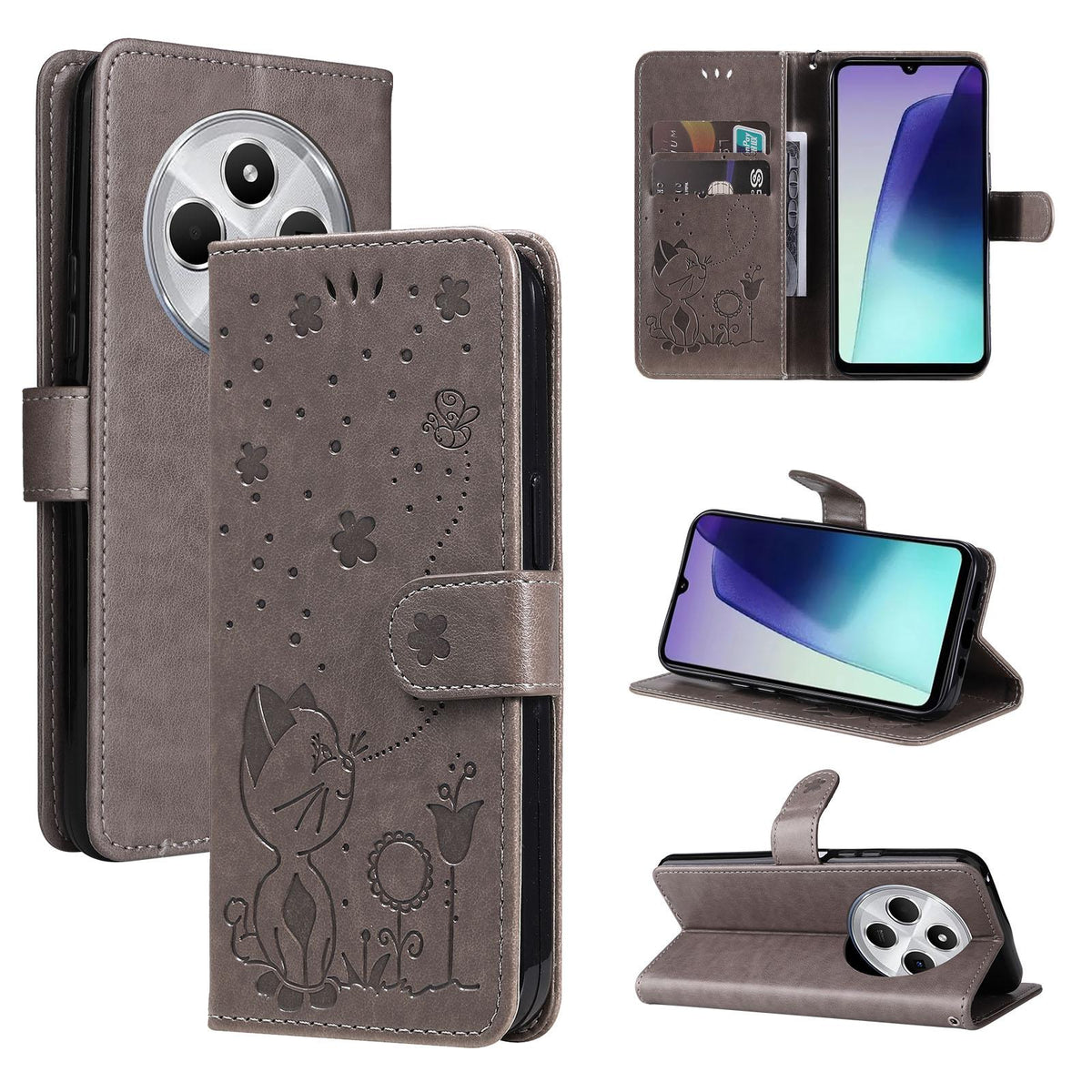 For Redmi 17C/14C 4G/A4 5G/Poco C75 5G Cat and Bee Embossed Flip Leather Phone Case - Grey - EDA007111214B