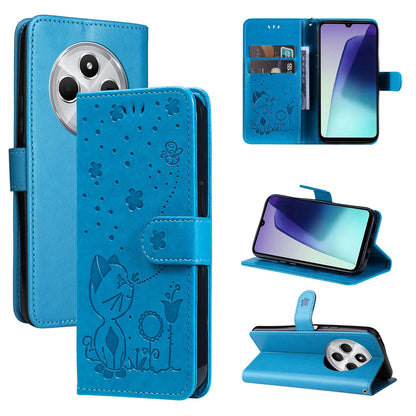 For Redmi 17C/14C 4G/A4 5G/Poco C75 5G Cat and Bee Embossed Flip Leather Phone Case - Blue - EDA007111214C