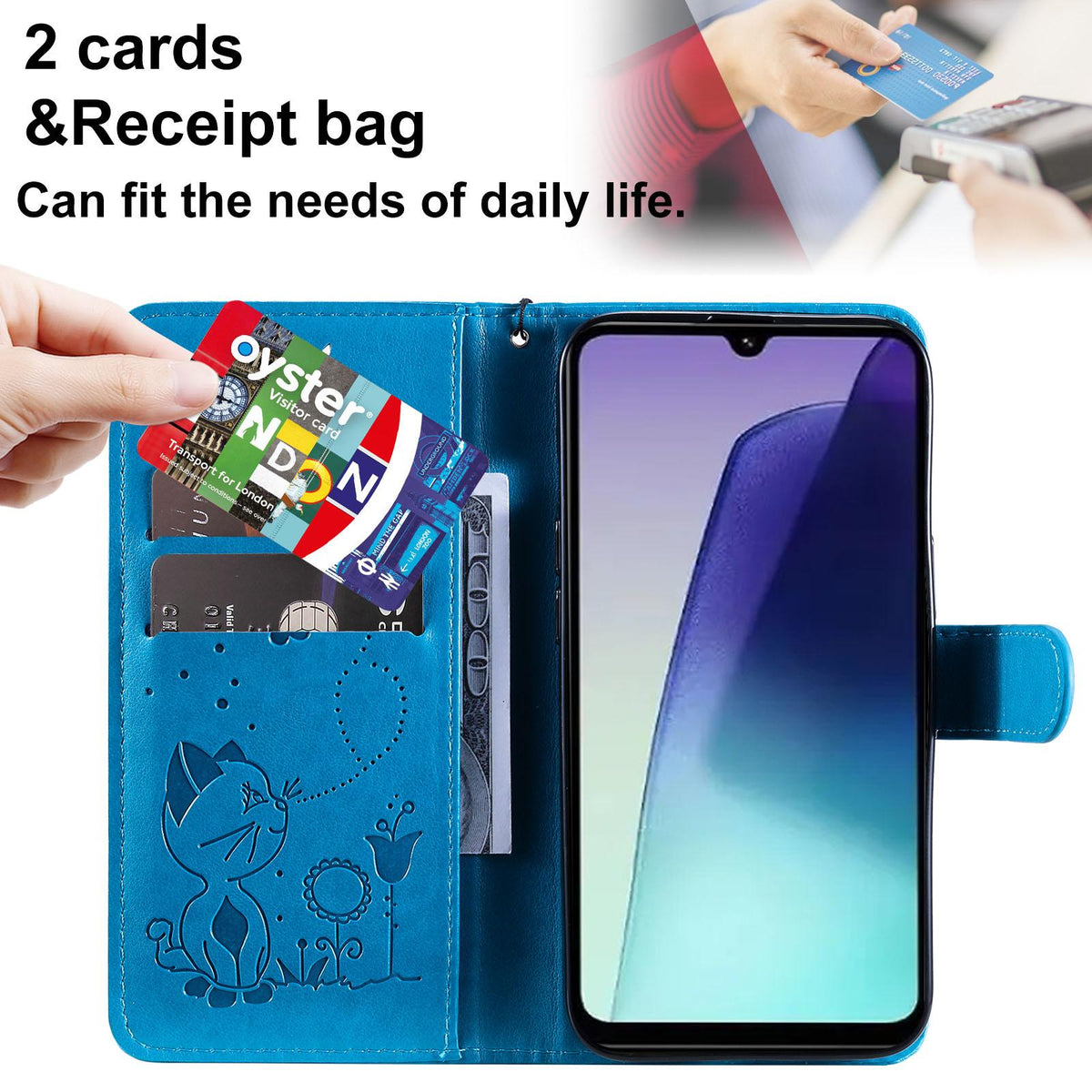 For Redmi 17C/14C 4G/A4 5G/Poco C75 5G Cat and Bee Embossed Flip Leather Phone Case - Blue - EDA007111214C
