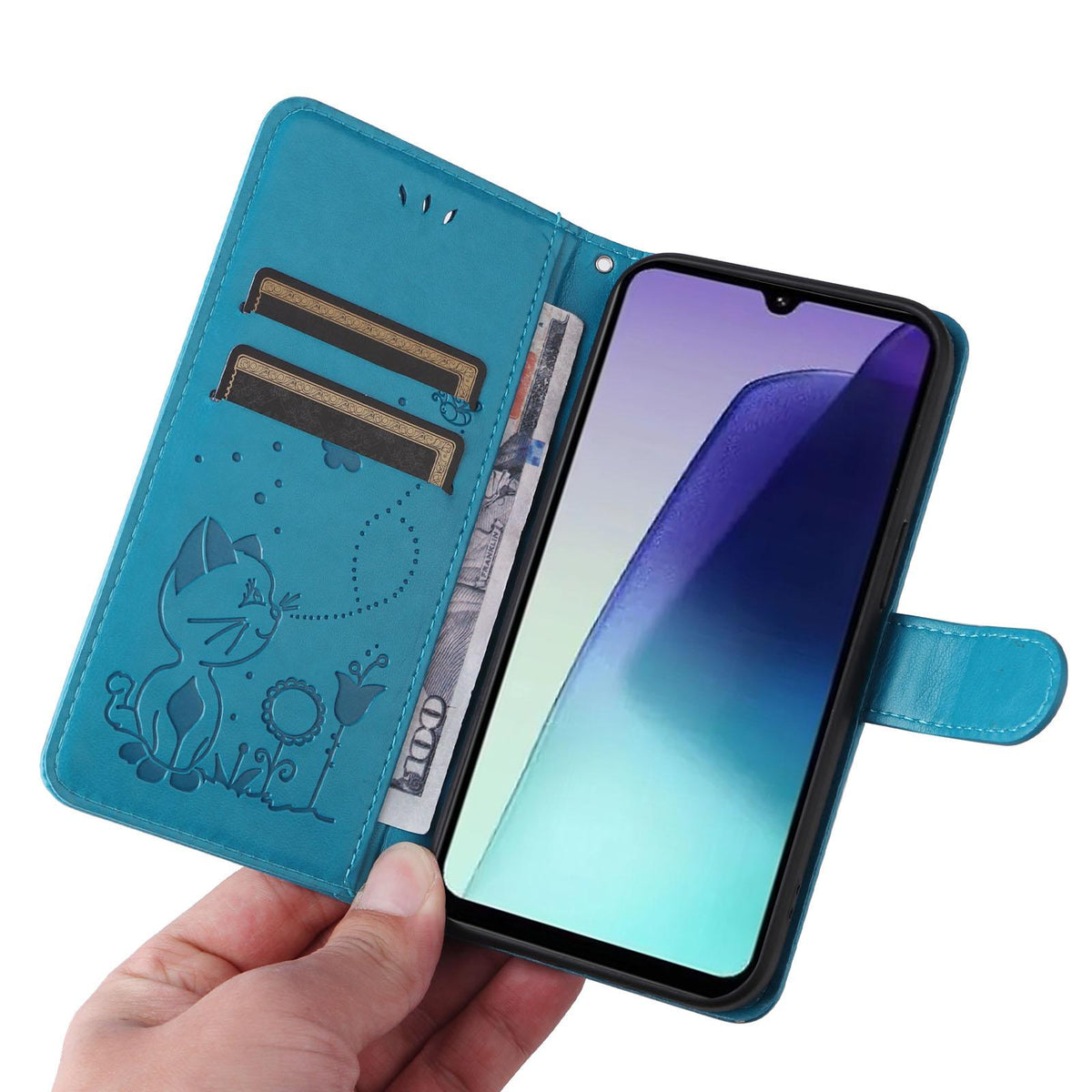 For Redmi 17C/14C 4G/A4 5G/Poco C75 5G Cat and Bee Embossed Flip Leather Phone Case - Blue - EDA007111214C