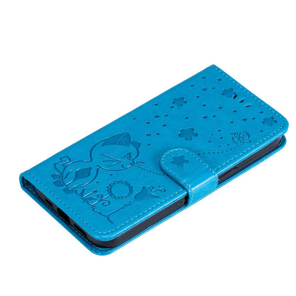 For Redmi 17C/14C 4G/A4 5G/Poco C75 5G Cat and Bee Embossed Flip Leather Phone Case - Blue - EDA007111214C